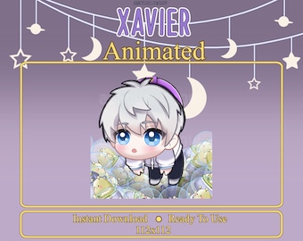 May include: Animated illustration of a young boy with white hair and blue eyes wearing a white shirt and black pants. The boy is surrounded by light yellow and white bubbles. The text "XAVIER Animated" is at the top of the image.