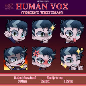 Pode incluir: Um conjunto de autocolantes digitais com seis ilustrações em estilo chibi da personagem Human Vox de Hazbin Hotel, rotulada como Vincent Whittman. A personagem tem cabelo escuro, pele pálida e olhos verdes, com várias expressões e gestos.