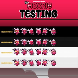 May include: A set of animated stickers featuring a pink and white cartoon character with horns and a mischievous expression. The character is shown in various poses and expressions, including winking, sticking out its tongue, and making a peace sign. The text "Abbeyhollow" appears at the top of each row of stickers.