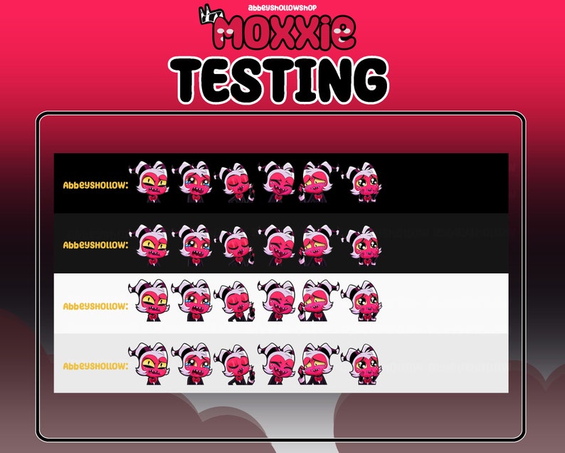 May include: A set of animated stickers featuring a pink and white cartoon character with horns and a mischievous expression. The character is shown in various poses and expressions, including winking, sticking out its tongue, and making a peace sign. The text "Abbeyhollow" appears at the top of each row of stickers.
