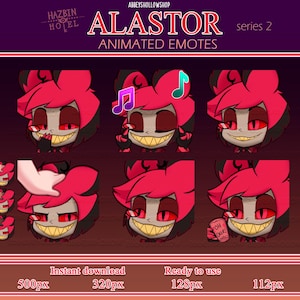 Könnte beinhalten: Digitaler Download-Grafik mit animierten Emotes von Alastor aus der Hazbin Hotel-Serie. Die Emotes zeigen Alastor mit verschiedenen Ausdrücken, darunter Noten und das Halten einer Dose. Der Text enthält "ALASTOR" und "ANIMATED EMOTES".