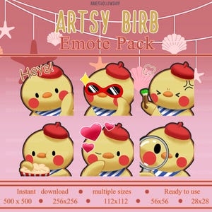 Op de afbeelding: Een set van vijf digitale vogel-emojis met verschillende uitdrukkingen. De emojis zijn in cartoon-stijl en tonen een gele vogel met een rode baret. De emojis omvatten "Heya!" met een verraste uitdrukking, zonnebrillen met een coole uitdrukking, harten met een liefdesuitdrukking, een vergrootglas met een nieuwsgierige uitdrukking en een boze uitdrukking.