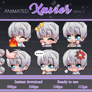 Puede incluir: Arte digital animado "Xavier" serie 2, que presenta un personaje de dibujos animados con cabello gris y ojos azules en varias expresiones. La imagen incluye texto que dice "Descarga instantánea" y "Listo para usar" con dimensiones en píxeles.