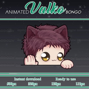 May include: An animated digital illustration of a character with dark maroon hair and cat ears, featuring large golden eyes and a small mouth. The character is peeking over a horizontal line. Text reads: ANIMATED VALKO BONGO, Instant download, Ready to use, 500px, 320px, 128px, 112px.