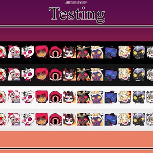 May include: A set of 10 animated digital stickers featuring various characters from the animated series "Hazbin Hotel". The stickers are in a grid format with three rows and ten columns. The characters include a red demon with horns, a white demon with horns, a black demon with horns, a blue demon with horns, a yellow demon with horns, a pink demon with horns, a purple demon with horns, a green demon with horns, a brown demon with horns, and a gray demon with horns.