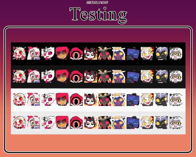 May include: A set of 10 animated digital stickers featuring various characters from the animated series "Hazbin Hotel". The stickers are in a grid format with three rows and ten columns. The characters include a red demon with horns, a white demon with horns, a black demon with horns, a blue demon with horns, a yellow demon with horns, a pink demon with horns, a purple demon with horns, a green demon with horns, a brown demon with horns, and a gray demon with horns.