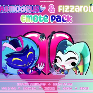 May include: Digital download graphic featuring two cartoon characters, Asmodeus and Fizzarolli, in a heart-shaped design. The image includes the text "Asmodeus & Fizzarolli Emote Pack" and various size options for instant download.