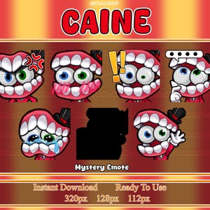Pode incluir: Um gráfico digital com um personagem de boca de desenho animado com várias expressões, incluindo raiva e surpresa. A palavra "CAINE" é exibida no topo, com "Mystery Emote" abaixo. A imagem também inclui texto indicando "Download instantâneo" e "Pronto para usar".