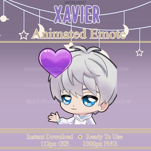 Puede incluir: Emoticono digital animado con un personaje de dibujos animados con cabello blanco, ojos azules y una camisa blanca. El personaje sostiene un corazón morado. El texto "XAVIER Animated Emote" está en la parte superior de la imagen. El texto "Descarga instantánea 112px GIF. Listo para usar 1000px PNG." está en la parte inferior de la imagen.