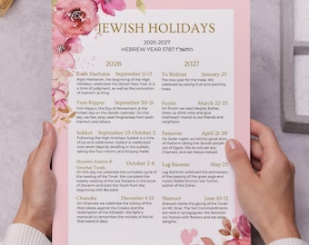 May include: A printed calendar titled Jewish Holidays 2026-2027 Hebrew Year 5787, featuring a pink floral border with watercolor roses. The document lists various holidays with dates and descriptions, presented on a white background with pink edges.