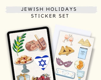 May include: A sticker set featuring illustrations of Jewish holiday symbols. The set includes images of a dreidel, sufganiyot, a Star of David, and other holiday-related graphics. The text "Jewish Holidays Sticker Set" is displayed at the top.