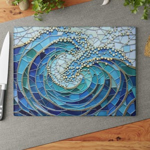 Abstract Opal and Teal Ocean Waves Mosaic Glass Cutting Board Kitchen Decor, Home Chef Gift, Aqua Blues Stained Glass Charcuterie Board