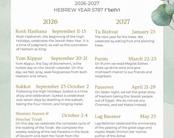 May include: A printed calendar titled JEWISH HOLIDAYS 2026-2027 HEBREW YEAR 5787 featuring a list of holidays with dates and descriptions for 2026 and 2027, decorated with watercolor green eucalyptus leaves at the top and bottom corners.