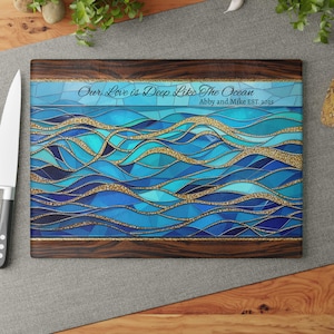 Personalized Abstract Ocean Waves Blue and Gold Mosaic Anniversary Gift Tampered Glass Cutting & Serving Board, Charcuterie Serving Board