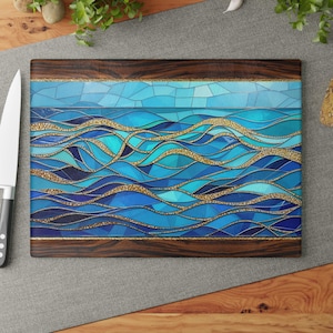 Abstract Ocean Waves Blue and Gold Mosaic Tile-design Tampered Glass Cutting & Serving  Board, Aqua Blues Charcuterie Serving Board