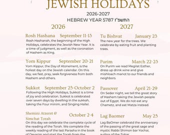 May include: A calendar print titled JEWISH HOLIDAYS 2026-2027 HEBREW YEAR 5787 featuring a watercolor illustration of pink flowers and green leaves at the top. The text lists dates and descriptions for Rosh Hashana, Yom Kippur, Sukkot, Shemini Atzeret, Simchat Torah, Chanuka, Tu Bishvat, Purim, Passover, Lag Baomer, and Shavout.