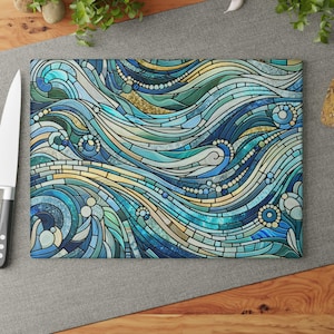 Abstract Opal and Teal Ocean Waves Mosaic Glass Cutting Board Kitchen Decor, Home Chef Gift, Aqua Blues Stained Glass Charcuterie Board
