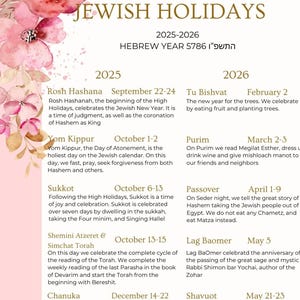 Jewish Holiday Calendar 2025 2026 Rosh Hashanah Gifts Judaica Prints 5786 Holidays, Printable Jewish Calendar, Digital Files 8.5&quot; by 11&quot;