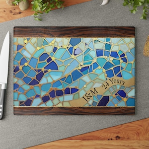 Abstract Ocean Waves Blue and Gold Mosaic Tile-design Tampered Glass Cutting & Serving  Board, Aqua Blues Charcuterie Serving Board