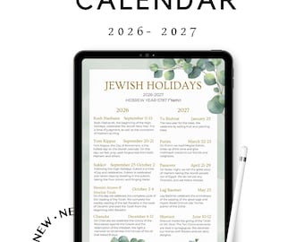 May include: A digital tablet displaying a 2026-2027 Jewish Holidays calendar with eucalyptus leaf illustrations. The screen shows dates for Rosh Hashana, Yom Kippur, Sukkot, Chanuka, Tu Bishvat, Purim, Passover, Lag Baomer, and Shavuot. A white stylus rests beside the tablet.