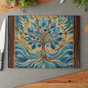 Tree of Life Mosaic Glass Cutting & Serving Board Kitchen Decor, Home Chef Gift, Aqua Blues Stained Glass Cutting Board, Charcuterie Serving
