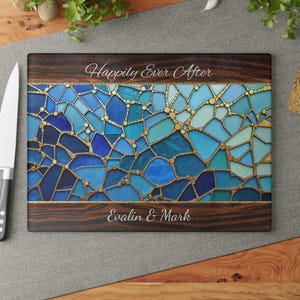 Personalized Wedding Gift Abstract Ocean Blue Gold Mosaic design Tampered Glass Cutting Charcuterie Serving  Board Opal Anniversary Gift