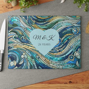 Personalized Monogram Opal Anniversary Gift Abstract Opal and Teal Ocean Waves Mosaic Glass Cutting Board Aqua Blues Glass Charcuterie Board