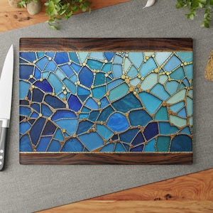Abstract Ocean Waves Blue and Gold Mosaic Tile-design Tampered Glass Cutting & Serving  Board, Aqua Blues Charcuterie Serving Board