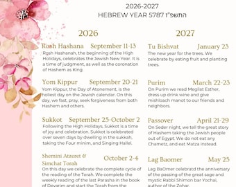 May include: A Jewish Holidays 2026-2027 calendar for Hebrew year 5787, decorated with pink and red watercolor flowers. It lists dates for Rosh Hashana, Yom Kippur, Sukkot, Shemini Atzeret, Simchat Torah, Chanuka, Tu Bishvat, Purim, Passover, Lag Baomer, and Shavuot.