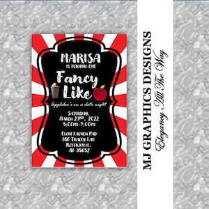 Puede incluir: Un fondo a rayas rojas y blancas con un letrero negro de pizarra que dice "Marisa cumple un año Fancy Like Applebee's on a date night". El letrero también incluye una manzana roja y un batido. El texto debajo del letrero dice "Sábado, 23 de marzo de 2022 17:00-19:00 Elgin Launch Pad 386 Tracey Lan Rogersville, AL 35652".