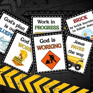 May include: A collection of construction-themed cards with inspirational messages. The cards feature phrases like "God's plan is our blueprint," "Work in Progress," and "Jesus paves the way." The background has a construction zone design with yellow and black stripes.