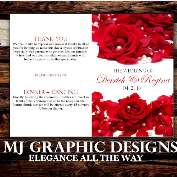 Red Roses Peral Design New Classical Wedding Program, Editable Template Red Roses