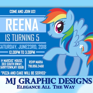 May include: A blue birthday invitation with a rainbow-colored pony illustration. The invitation says "Come and join us! Reena is turning 5. Saturday, June 23rd, 2018 - 12:30PM to 3:30PM. @Marcus' House, 303 South Bway, Tarrytown, NY 10591. RSVP Maria 718.855.2458. "Pizza and cake will be served." MJ Graphic Designs Elegance All The Way"