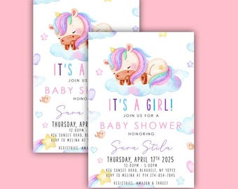 May include: A baby shower invitation with a watercolor illustration of a unicorn sleeping on a cloud. The invitation is pink, blue, and purple with stars and hearts. The text reads "It's a Girl! Join us for a Baby Shower Honoring Sara Stila Thursday, April 17th 2025 12:00PM - 5:00PM 426 Sunset Road, Blauvelt, NY 10913 RSVP to Melina at 914.374.854.7845 Registries: Amazon & Target"