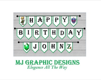 May include: A banner with the words "HAPPY BIRTHDAY JOHN Z" in black letters on white pennants with green trim. The banner includes images of video game characters and symbols. The words "MJ GRAPHIC DESIGNS" and "Elegance All The Way" are below the banner.