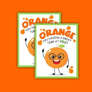 Imprimível VBS Laranja: Você está se divertindo muito na VBS. Cartão da Escola Bíblica de Férias. Igreja, Semana de Verão da VBS.