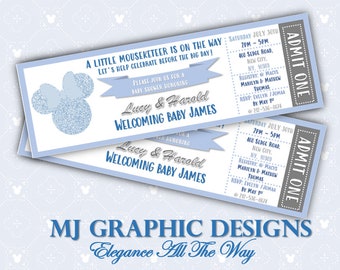 INSTANT DOWNLOAD Baby Shower Blue Mickey Mouse Birthday Invitation, Blue and Silver Ticket Invitation