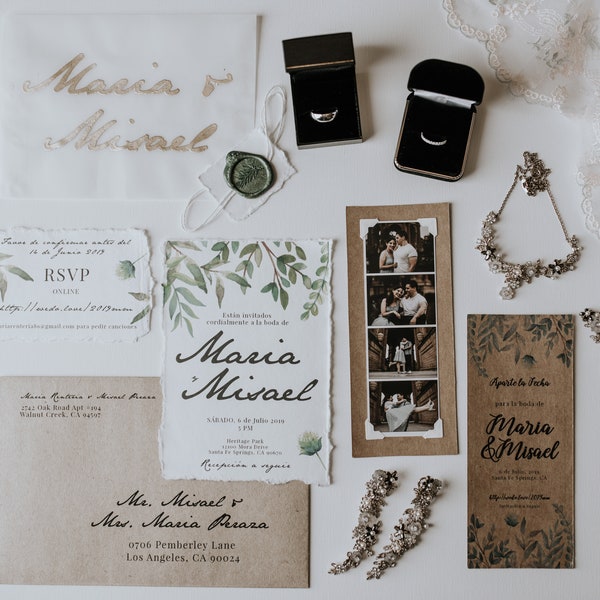 Greenery Wedding Invitation Suite, Save the Dates, Bilingual Wedding Invitation, invitaciones de boda