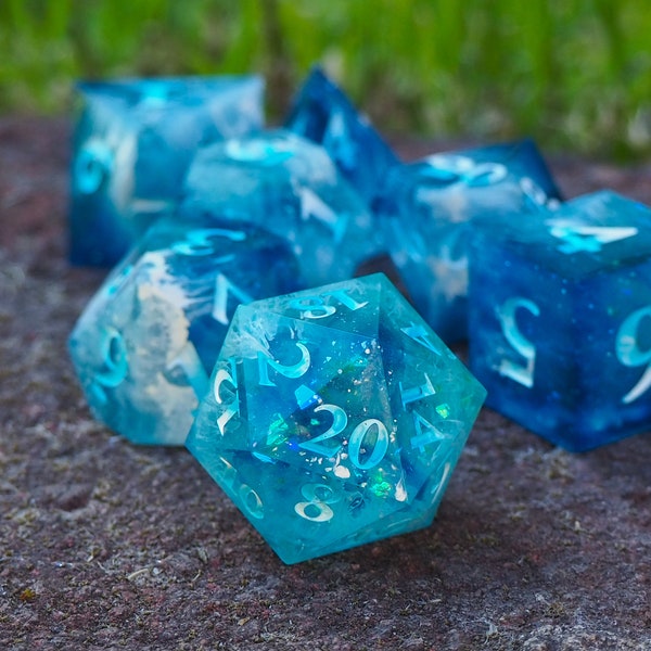 Lucidian Ocean Dice Set | Full Sharp Edge Handmade Resin Dice Set | 7PC | D&D Dice | Dungeons and Dragons