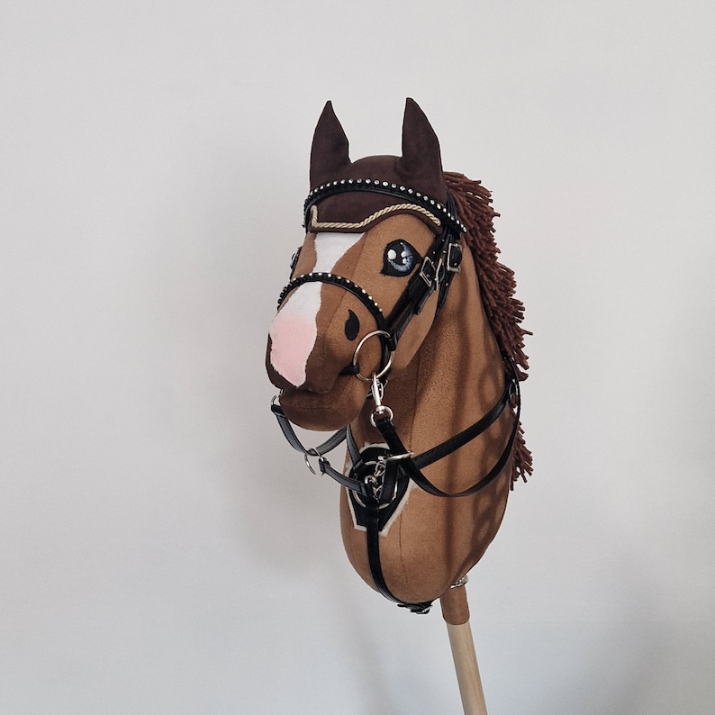 Pu&ograve; includere: Un cavallo a dondolo marrone con briglie e redini dettagliate. Il cavallo ha una lista bianca, un muso rosa e occhi blu. La criniera &egrave; marrone scuro e il bastone &egrave; di legno.