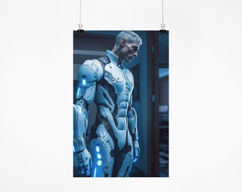 Cyborg, Robot, AI Print Cyborg, Niebieski wydruk artystyczny, Niebieski Cyborg, Ludzki Cyborg