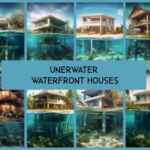 May include: A collage of nine images showing underwater houses with various styles and colors. The houses are built on stilts and are partially submerged in the water. The water is clear and blue, and there is coral and fish visible beneath the houses.