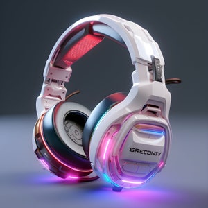 Puede incluir: Auriculares para juegos blancos con una almohadilla negra y luces LED de colores. Los auriculares tienen una diadema blanca con una correa ajustable negra y el texto "SRECOTY" en la almohadilla.