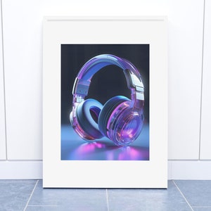 Pode incluir: Um par de fones de ouvido roxo e azul com um design de plástico transparente. Os fones de ouvido estão em um fundo escuro com uma luz roxa e azul refletindo neles.