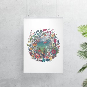 May include: A circular print featuring a colourful floral wreath surrounding a blue and green lake with a red fish. The flowers are in shades of red, yellow, orange, pink, and purple.