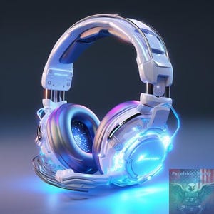 Può includere: Cuffie da gioco bianche e blu con accenti blu luminosi. Le cuffie sono dotate di microfono e padiglioni con un design futuristico. I padiglioni hanno un design circolare con luce blu. Le cuffie sono su uno sfondo sfumato.