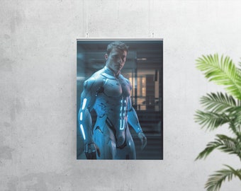 Cyborg, Robot, AI Print Cyborg, Niebieski wydruk artystyczny, Niebieski Cyborg, Ludzki Cyborg