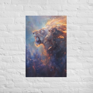 May include: A vibrant art print depicts a roaring lion with a fiery mane against a cityscape backdrop. The artwork features a blend of blues, oranges, and yellows, creating a dramatic and powerful visual.