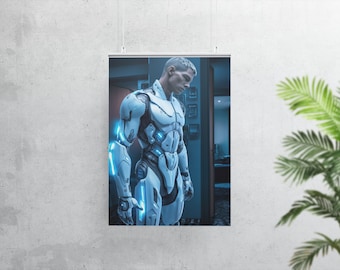 Cyborg, Robot, AI Print Cyborg, Niebieski wydruk artystyczny, Niebieski Cyborg, Ludzki Cyborg