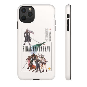 May include: White iPhone case with a black border. The case features a graphic of the Final Fantasy VII video game cover art. The cover art includes the game's title, the PlayStation logo, and characters from the game.